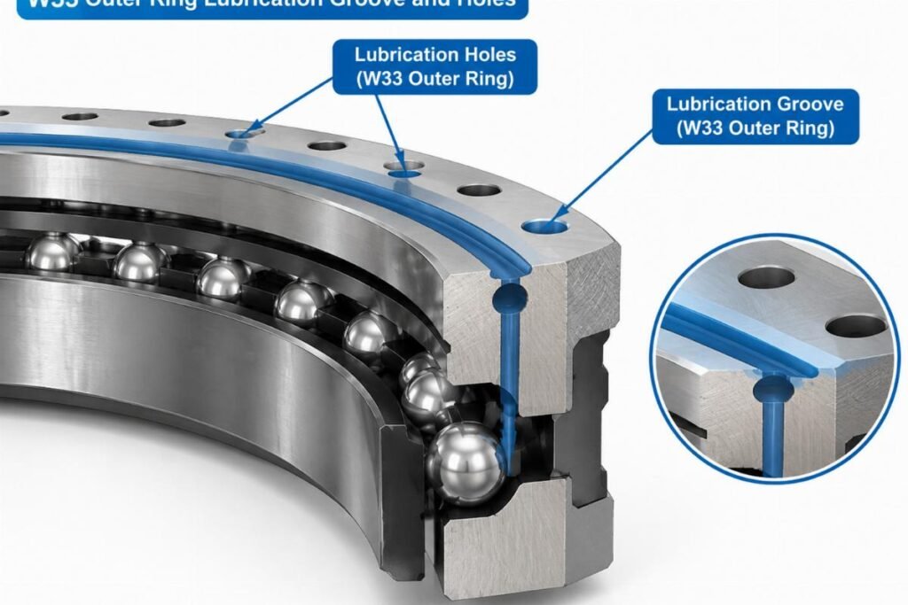 Cross-section view highlighting the W33 outer ring lubrication groove and holes