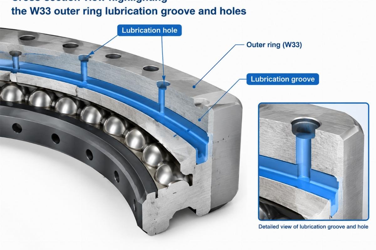 Cross-section view highlighting the W33 outer ring lubrication groove and holes