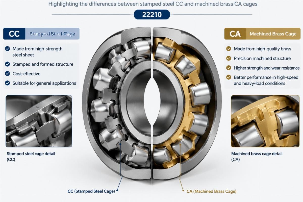 Cross-section view of a 22210 spherical roller bearing highlighting the differences between stamped steel CC and machined brass CA cages