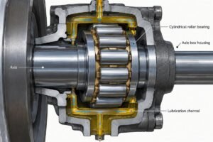 Cross-section view of a cylindrical roller bearing inside a railway axle box housing showing lubrication channels