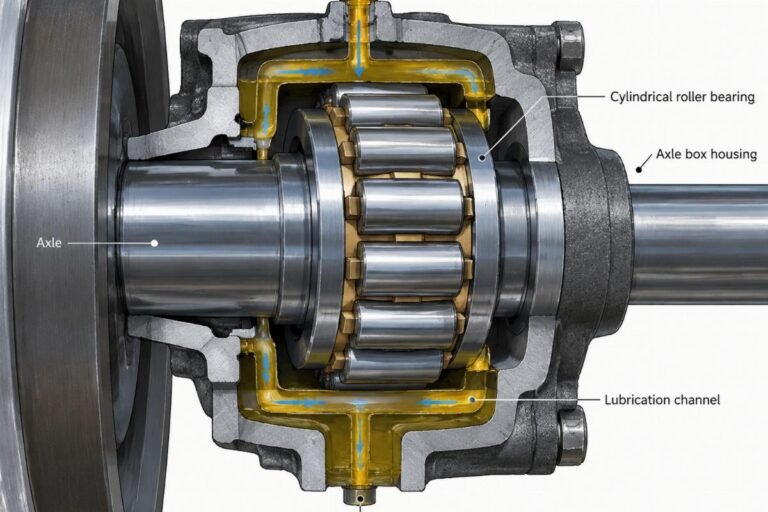 Cross-section view of a cylindrical roller bearing inside a railway axle box housing showing lubrication channels