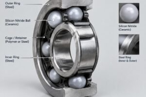 Cross-section view of a hybrid ceramic bearing showing silicon nitride balls and steel rings