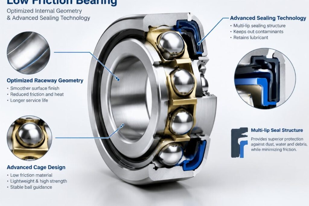 Cross-section view of a low friction bearing showing optimized internal geometry and advanced sealing technology