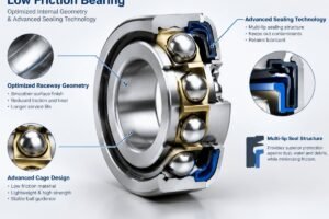 Cross-section view of a low friction bearing showing optimized internal geometry and advanced sealing technology