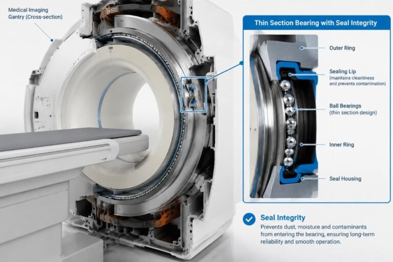 Cross-section view of a thin section bearing installed in a medical imaging gantry showing seal integrity