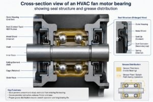 Cross-section view of an HVAC fan motor bearing showing seal structure and grease distribution