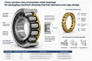 Cross-section view of precision roller bearings for packaging machines showing internal clearance and cage design