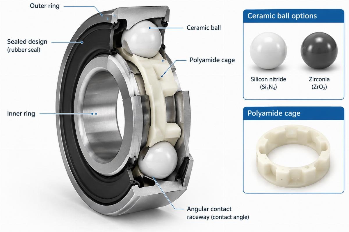 Cross-section view of sealed angular contact bearing showing ceramic ball options and polyamide cage