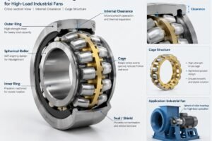 Cross-section view of spherical roller bearings designed for high-load industrial fans showing internal clearance and cage structure