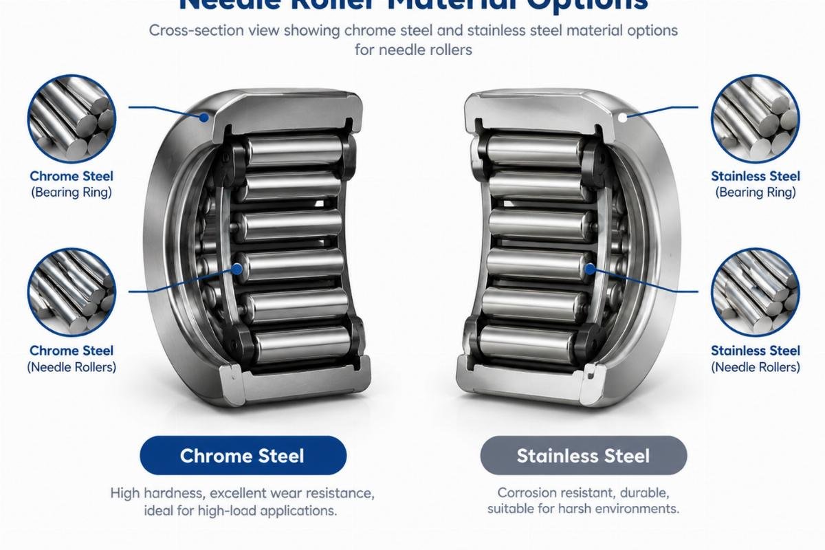 Cross-section view showing chrome steel and stainless steel material options for needle rollers