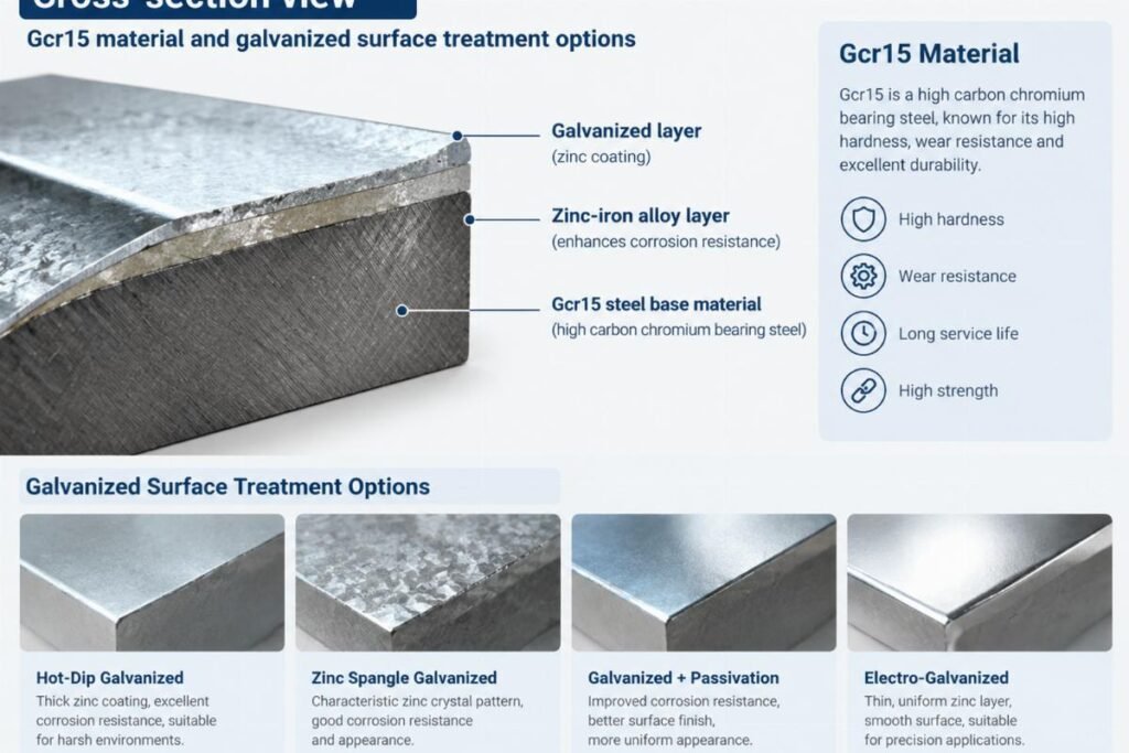 Cross-section view showing Gcr15 material and galvanized surface treatment options