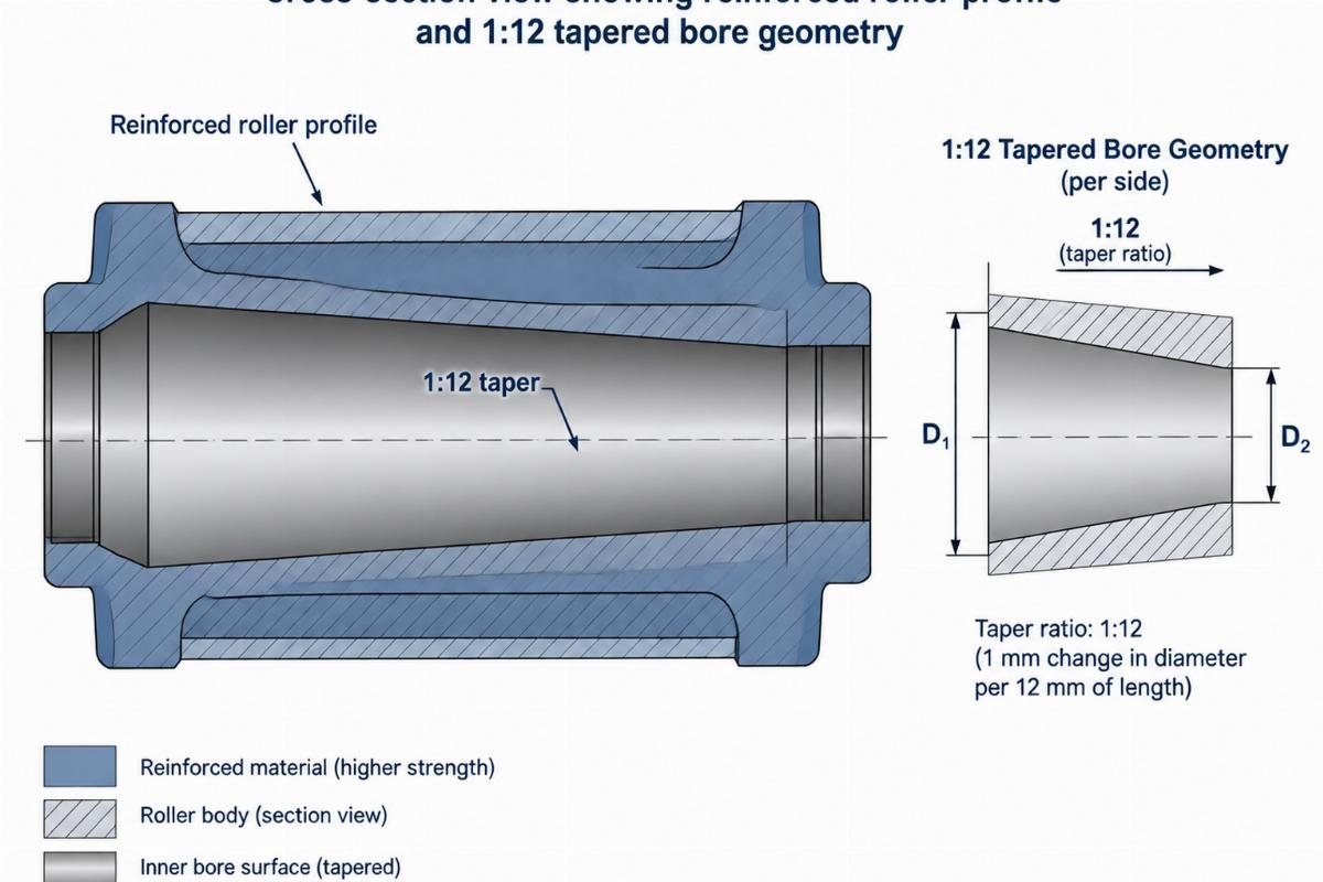 Cross-section view showing reinforced roller profile and 1:12 tapered bore geometry