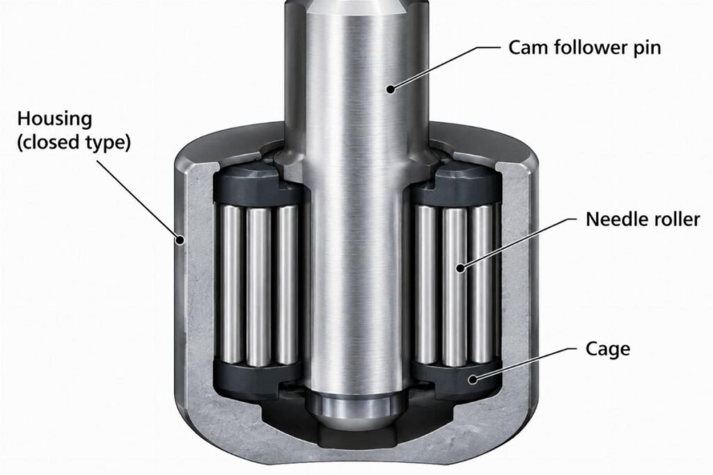 Cross-sectional view of a closed-type cam follower without an outer ring showing needle roller arrangement