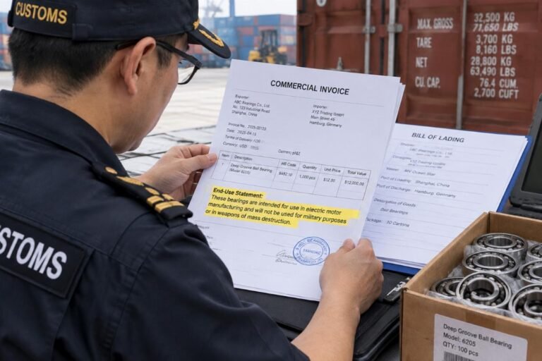 Customs officer inspecting bearing shipping documents with highlighted end-use statement