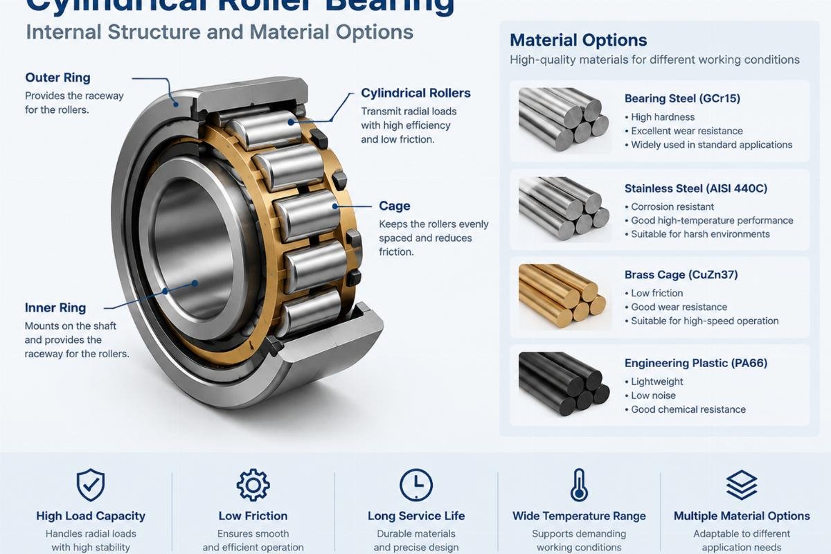 Cylindrical roller bearing internal structure and material options