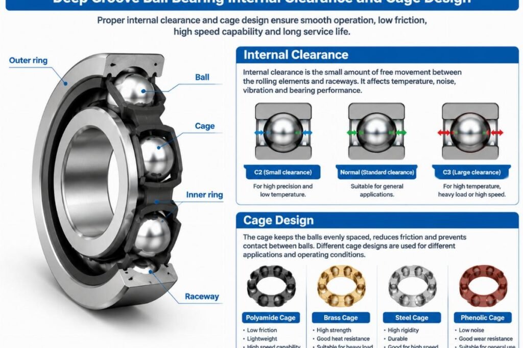 Deep groove ball bearing internal clearance and cage design