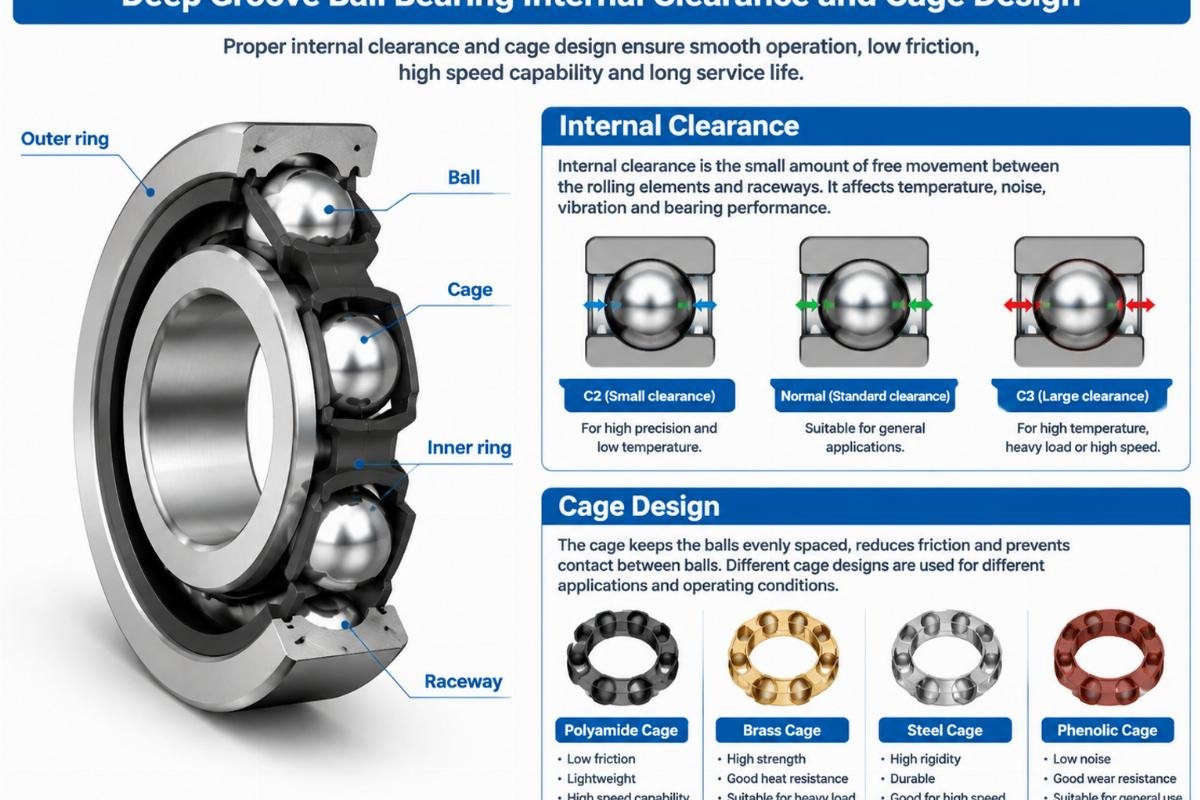 Deep groove ball bearing internal clearance and cage design