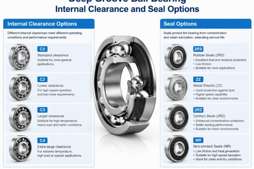 Deep groove ball bearing internal clearance and seal options