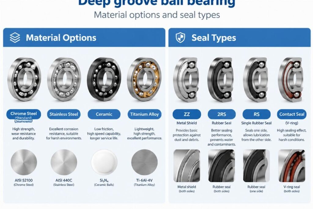 Deep groove ball bearing material options and seal types