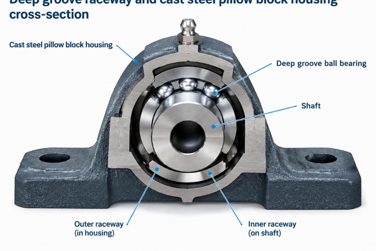 Deep groove raceway and cast steel pillow block housing cross-section