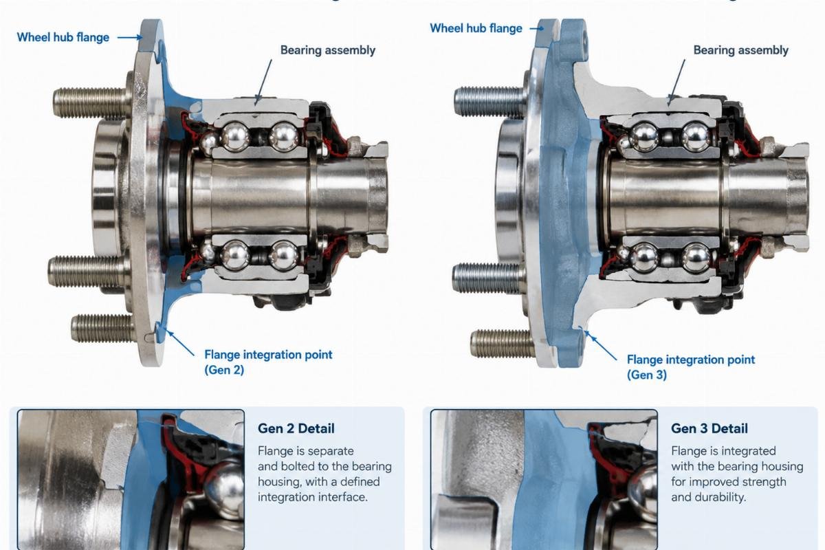 Detailed cross-section view highlighting the flange integration points in Gen 2 and Gen 3 wheel hub bearings