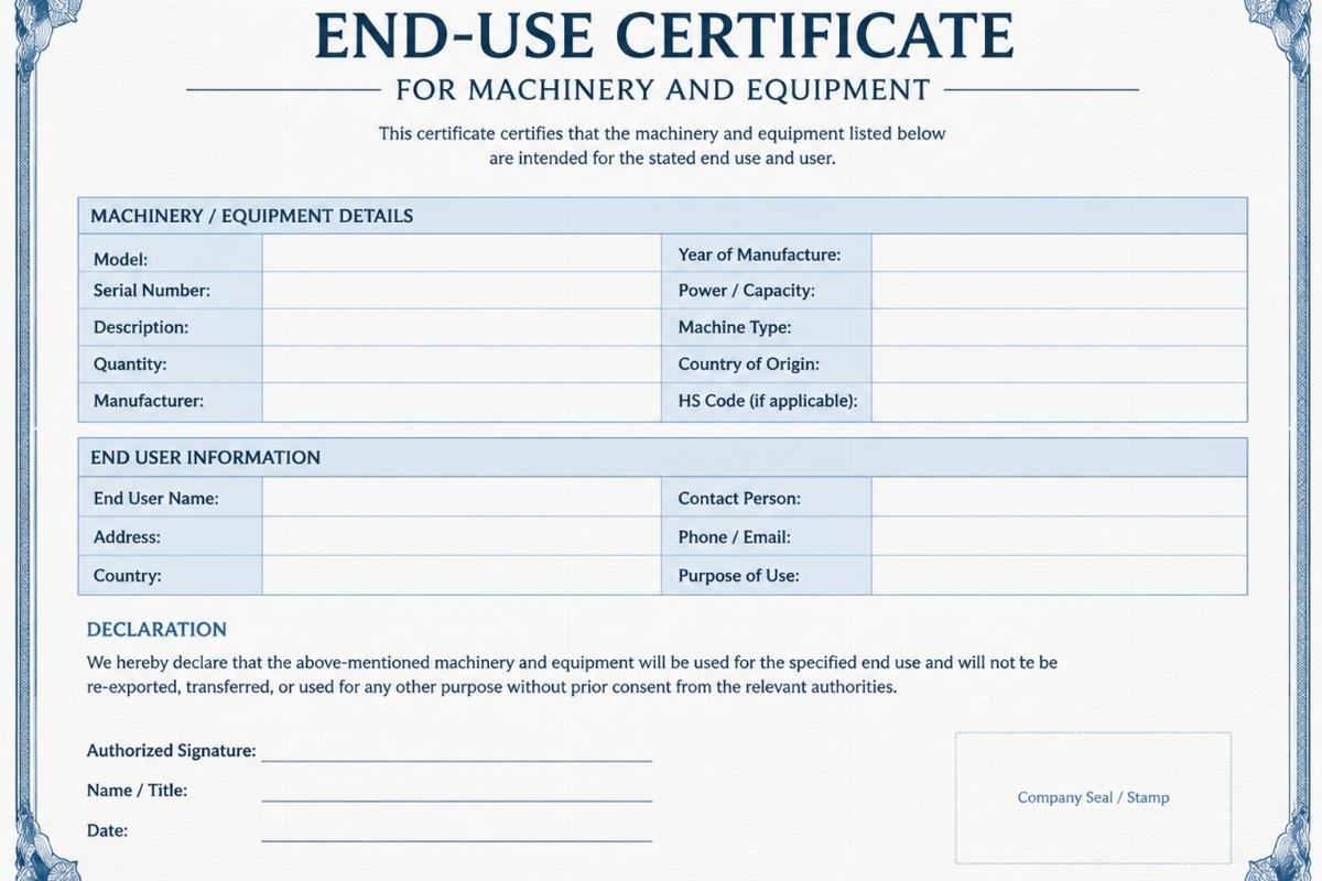 Detailed end-use certificate template showing machinery model fields