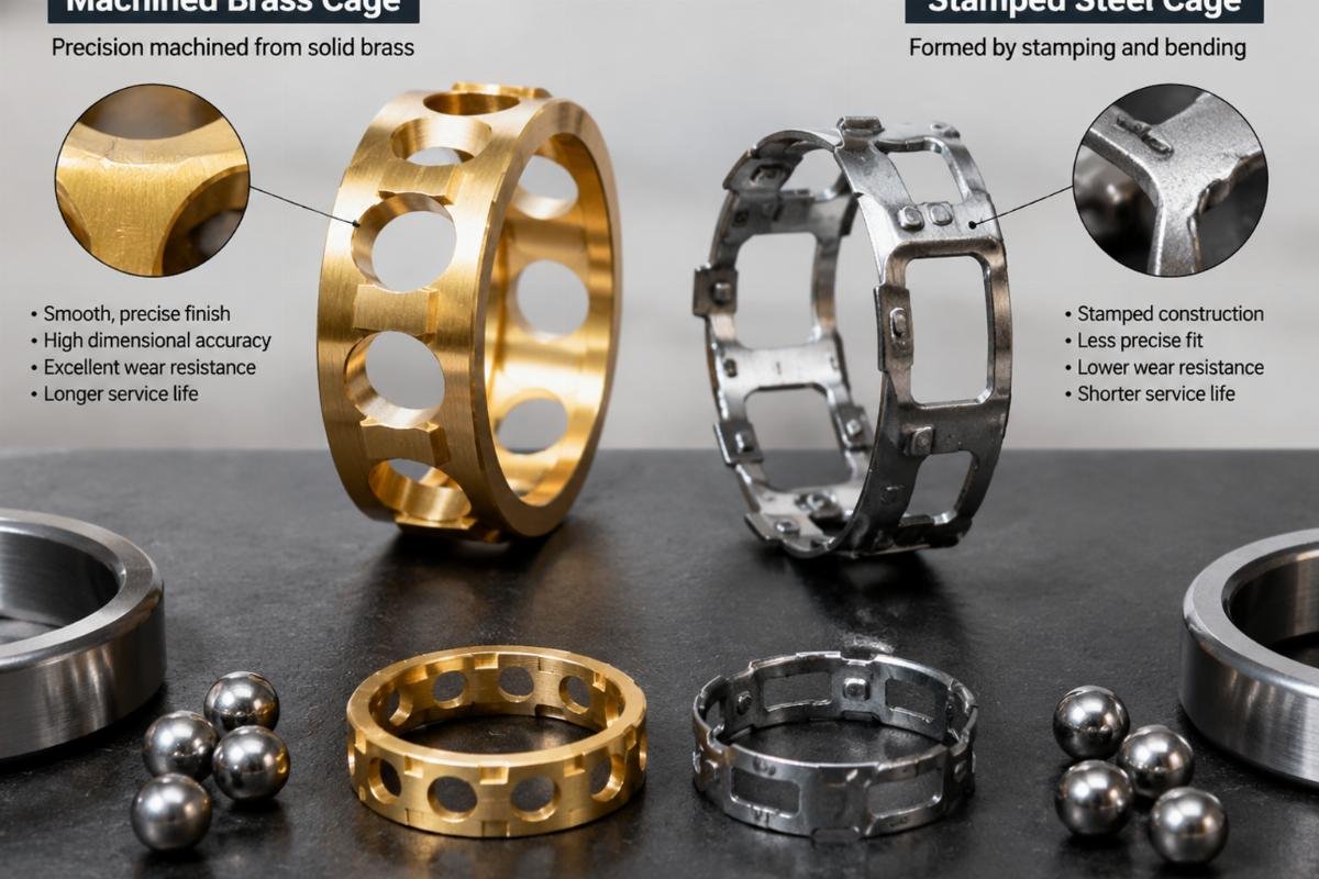 Detailed view of a machined brass cage versus a stamped steel cage in a teardown analysis