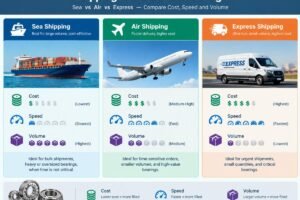 Diagram comparing sea, air, and express shipping methods for bearings with icons representing cost, speed, and volume