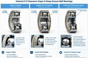 Diagram comparing single Z, double ZZ/2Z shields, and internal C3 clearance gaps in deep groove ball bearings