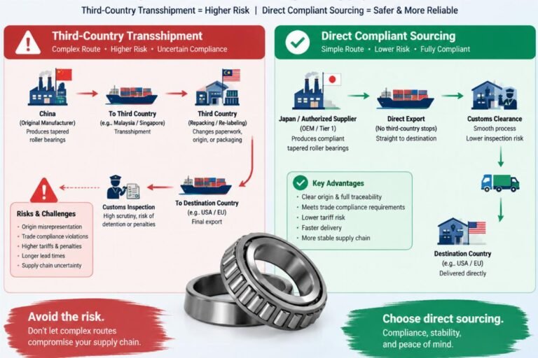Diagram illustrating the complex and risky routing of third-country transshipment versus direct compliant sourcing for tapered roller bearings