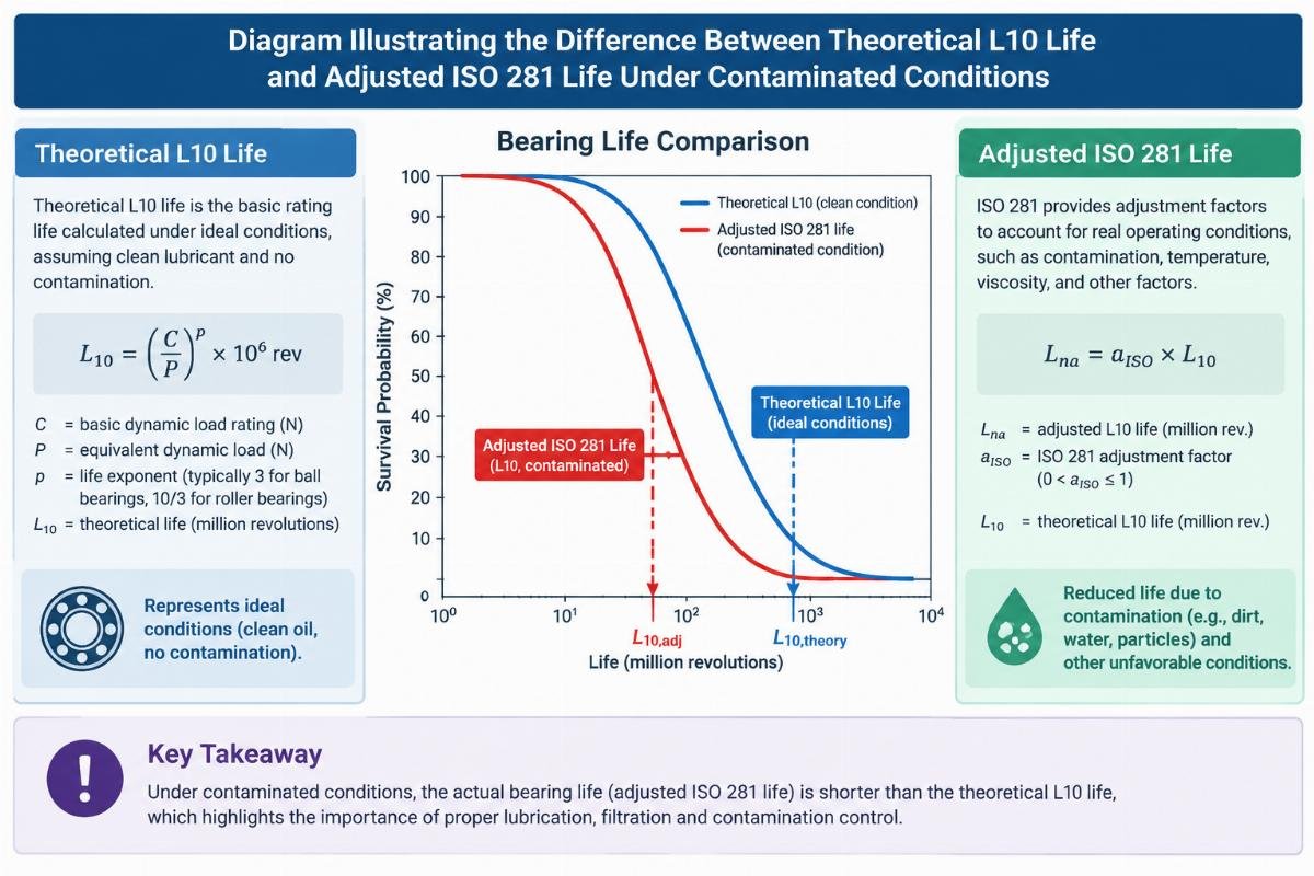 Diagram illustrating the difference between theoretical L10 life and adjusted ISO 281 life under contaminated conditions