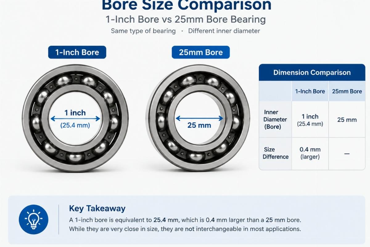 Diagram illustrating the dimensional difference between a 1-inch bore and a 25mm bore bearing