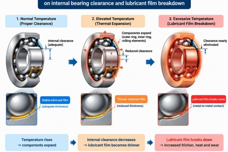 Diagram illustrating the effect of thermal expansion on internal bearing clearance and lubricant film breakdown