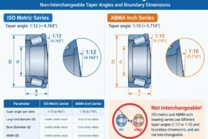 Diagram illustrating the non-interchangeable taper angles and boundary dimensions between ISO metric and ABMA inch bearing series
