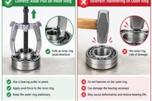 Diagram showing correct axial pull on inner ring versus incorrect hammering on outer ring