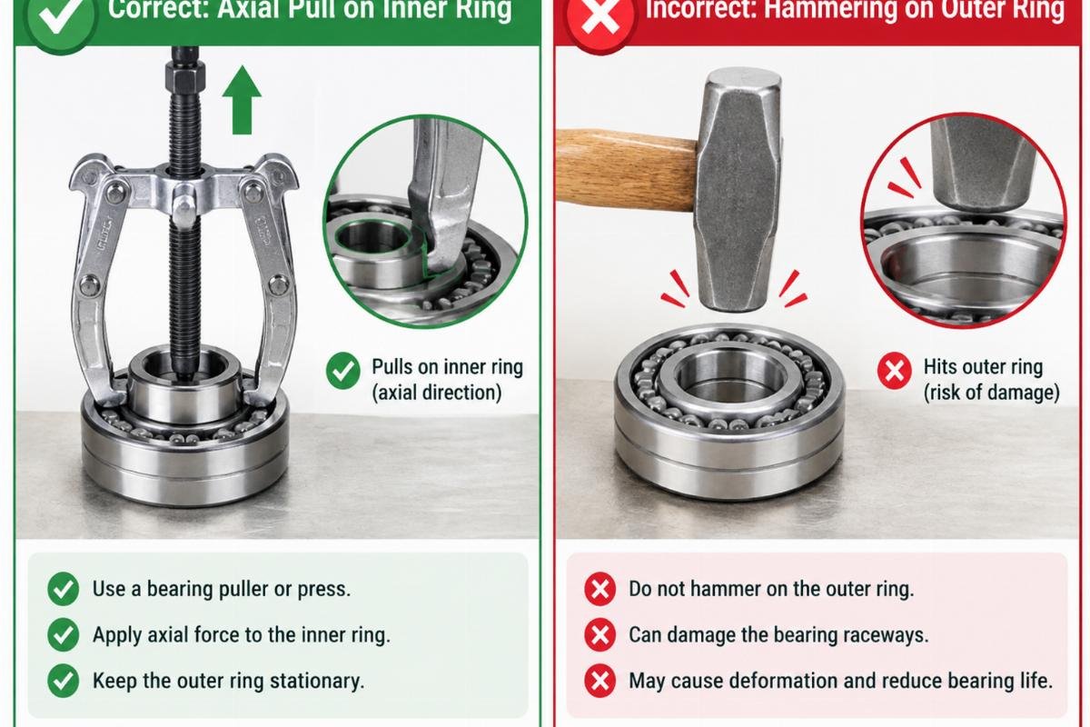 Diagram showing correct axial pull on inner ring versus incorrect hammering on outer ring