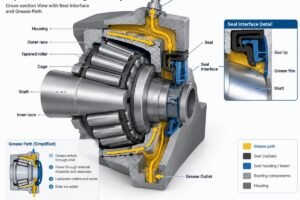 Diagram showing cross-section of a tapered roller bearing assembly with seal interface and grease path