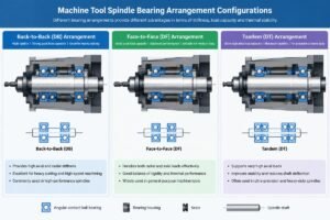 Diagram showing different arrangement configurations for machine tool spindle bearings including back-to-back and face-to-face setups