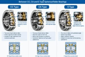 Diagram showing internal roller arrangement differences between CC CA and E type spherical roller bearings