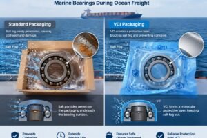 Diagram showing salt fog penetration in standard vs VCI packaged marine bearings during ocean freight