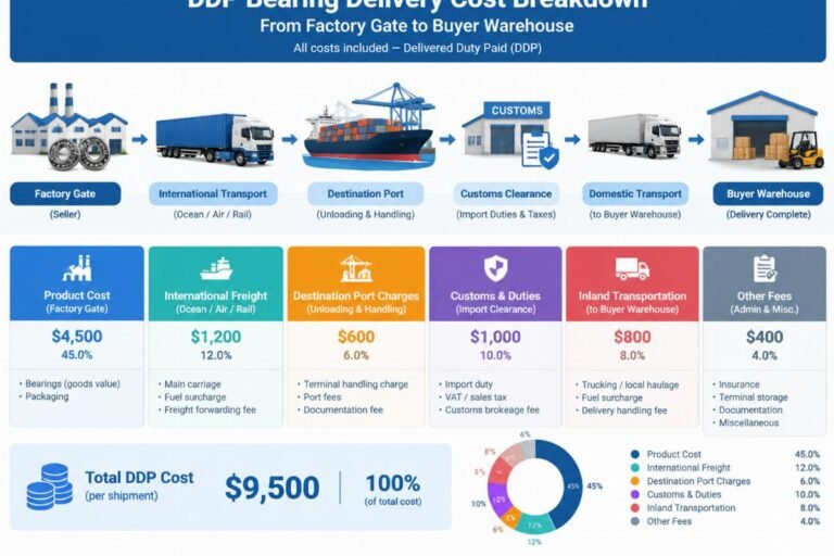 Diagram showing the complete cost breakdown of DDP bearing delivery from factory gate to buyer warehouse