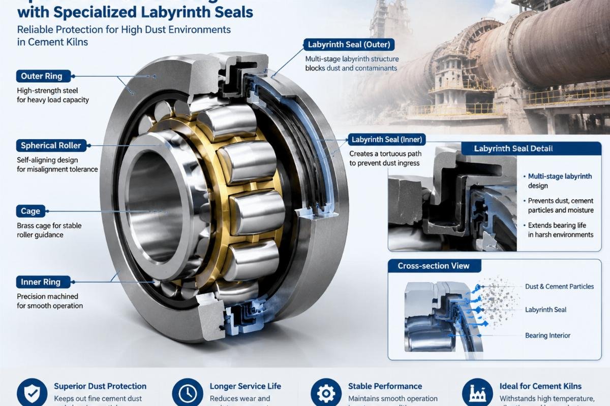 Diagram showing the cross-section of a spherical roller bearing with specialized labyrinth seals designed for high dust environments in cement kilns