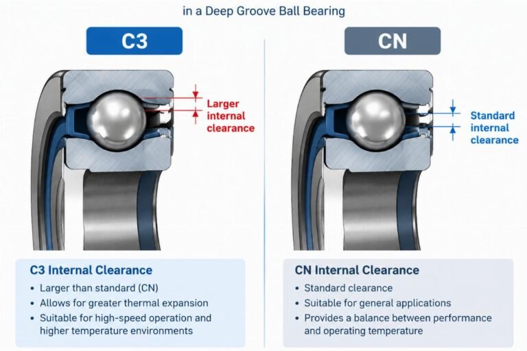 Diagram showing the difference between C3 and CN internal clearance in a deep groove ball bearing cross-section