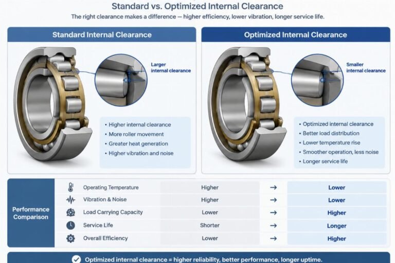 Diagram showing the difference between standard and optimized internal clearance in cylindrical roller bearings for screw compressors