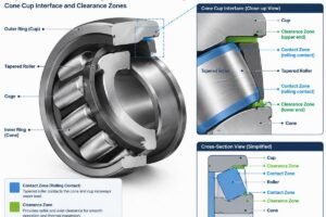 Diagram showing the internal geometry of a tapered roller bearing highlighting cone cup interface and clearance zones