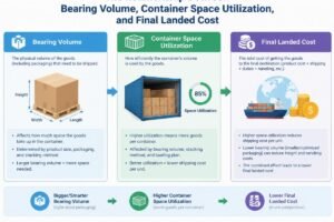 Diagram showing the relationship between bearing volume, container space utilization, and final landed cost