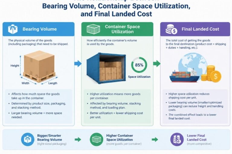 Diagram showing the relationship between bearing volume, container space utilization, and final landed cost
