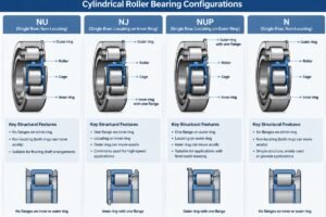 Diagram showing the structural differences between NU, NJ, NUP, and N cylindrical roller bearing configurations