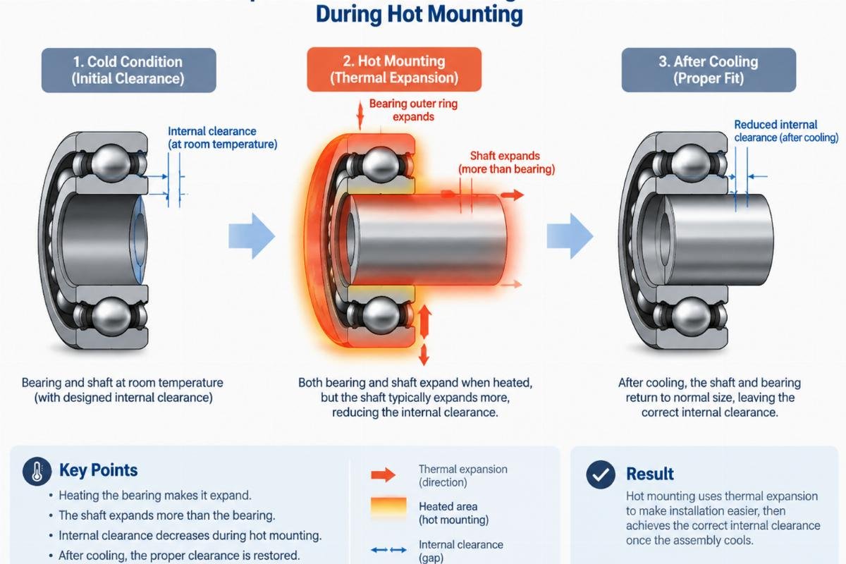 Diagram showing thermal expansion effects on bearing internal clearance during hot mounting