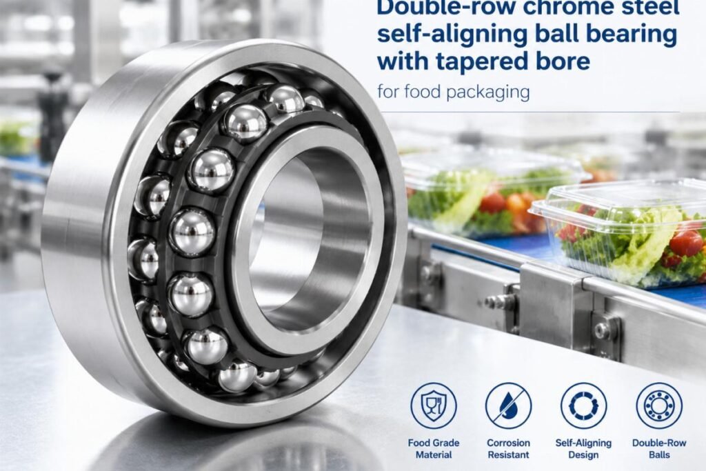 Double-row chrome steel self-aligning ball bearing with tapered bore for food packaging